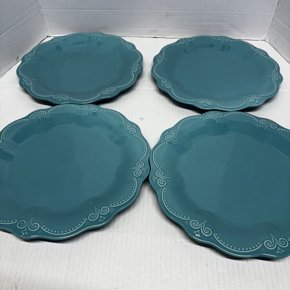 Pioneer Woman Teal Dinner Plates Set of 4 Scalloped Stoneware 11” Turquoise